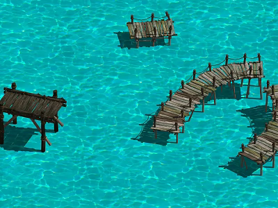Wooden Bridges Over Clear Blue Water With Natural Reflection And Simple Structure 3d model