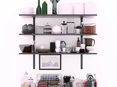 Organized Kitchenware Storage On Shelves With Various Containers Utensils And Bowls 3d model