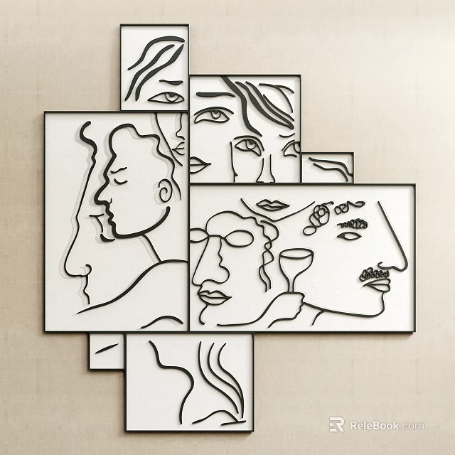 Abstract Face Line Art Decor With Multiple Square Frames On Beige Wall 3d model