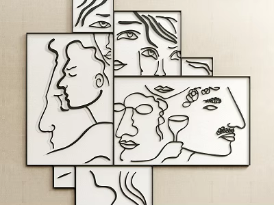 Abstract Face Line Art Decor With Multiple Square Frames On Beige Wall 3d model