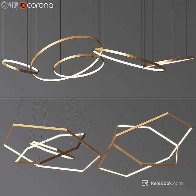 Modern Gold Chandeliers with Circular and Geometric Shapes for Interior Lighting Design 3d model 