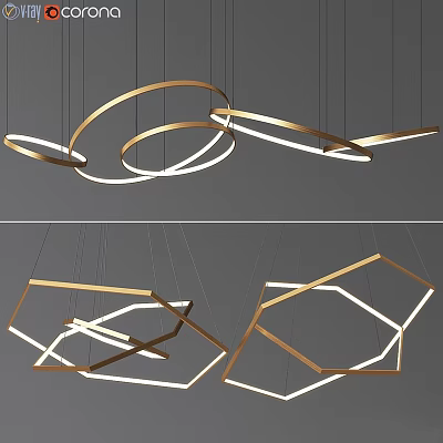 Modern Gold Chandeliers with Circular and Geometric Shapes for Interior Lighting Design 3d model