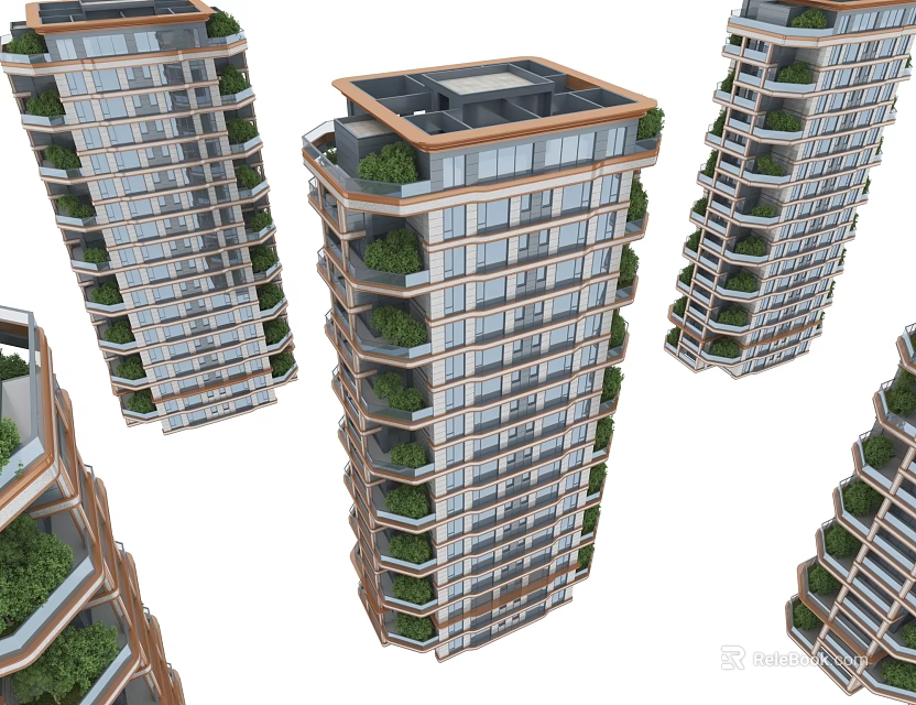 Modern High Rise Residential Building With Green Balconies And Glass Curtain Wall Design 3d model 