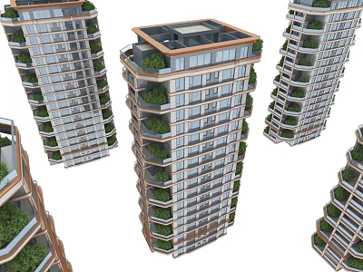 Modern High Rise Residential Building With Green Balconies And Glass Curtain Wall Design 3d model