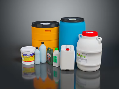 Household Supplies Containers Including Plastic Barrels Bottles And Jars In Different Sizes And Colors 3d model