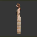 Woman With Long Red Hair Wearing Golden Fringed Long Dress Against Grey Background