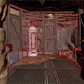 Underground Cave Interior With Rock Walls Red Brick Doors White Equipment And Metal Grid Floor