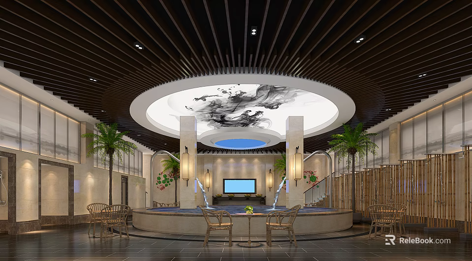 Serene SPA Sauna Interior Design With Relaxing Seating And Natural Plants And Soft Lighting 3d model 