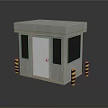 Modern Gray Security Booth With Door Windows And Yellow Black Striped Bollards