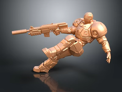 Golden Mecha Character In Dynamic Pose Holding Gun For Game And Movie 3d model
