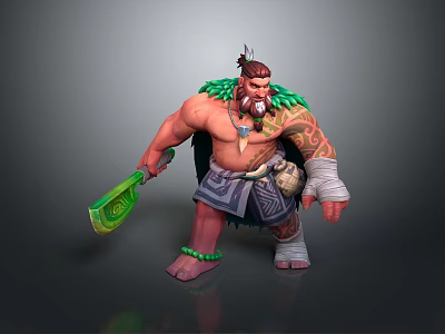 Tribal Warrior Character With Muscular Build Tattooed Body Green Weapon Feathered Headdress And Beaded Accessories 3d model