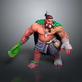 Tribal Warrior Character With Muscular Build Tattooed Body Green Weapon Feathered Headdress And Beaded Accessories