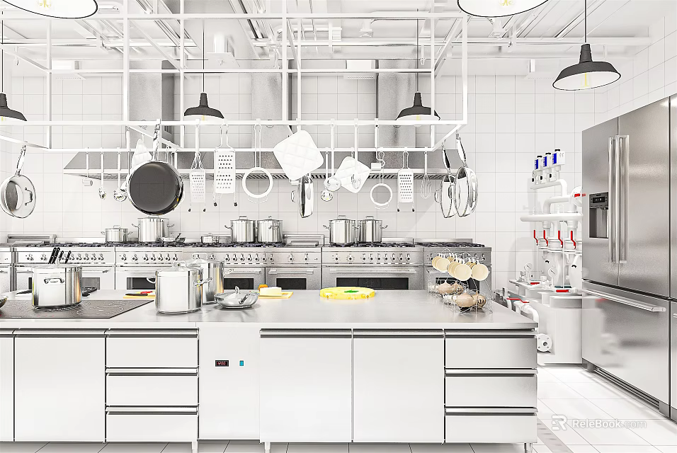 Modern Commercial Kitchen Interior With Stainless Steel Workbench Hanging Utensils And White Tiled Walls 3d model 