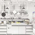 Modern Commercial Kitchen Interior With Stainless Steel Workbench Hanging Utensils And White Tiled Walls