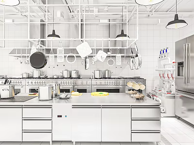 Modern Commercial Kitchen Interior With Stainless Steel Workbench Hanging Utensils And White Tiled Walls 3d model