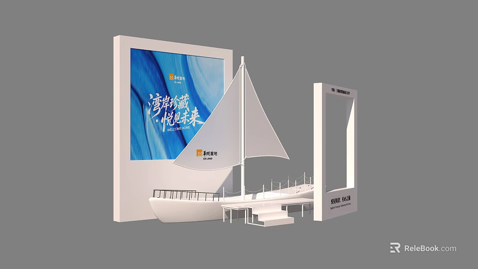 Art Installation With Sailboat Model Large Screen Blue Background And White Frame 3d model 