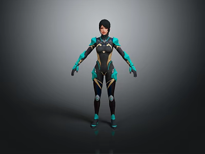 Futuristic Humanoid Character With Black Gold Teal Sci Fi Tech Outfit 3D Design 3d model