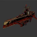 Steampunk Warship With Red Hull Black Deck Mechanical Wheels And Flag
