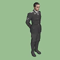 Man in Black Uniform Standing with Hands Behind Back and Badge on Gray Background