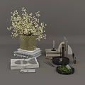 Decorative Ornament Combination With White Floral Bouquet Beige Vase Stacked Books Candle Tray And Incense