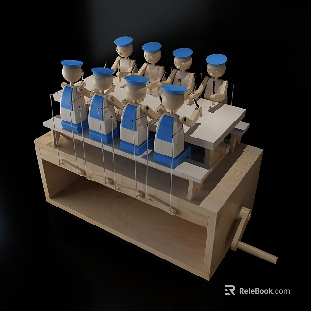 Wooden Puppet Dolls in Blue White Uniforms with Blue Hats on Wooden Table Structure 3d model 