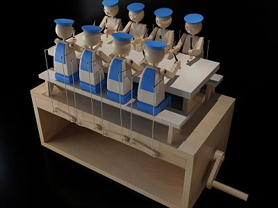 Wooden Puppet Dolls in Blue White Uniforms with Blue Hats on Wooden Table Structure 3d model