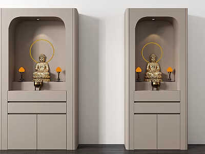 Light Gray Buddhist Shrine Cabinet With Golden Buddha Statue Halo And Candle Holders 3d model