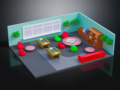 Modern Indoor Activity Space With Board Game Tables Colorful Seats Window Bookshelf And Plants 3d model