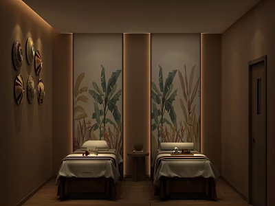 Relaxing Spa Club Interior With Two Massage Beds Plant Art Decorative Plates Warm Lighting 3d model