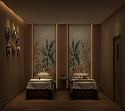 Relaxing Spa Club Interior With Two Massage Beds Plant Art Decorative Plates Warm Lighting 3d model