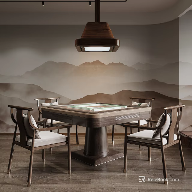 Chinese Style Square Table With Wooden Chairs And Mountain Painting Background 3d model
