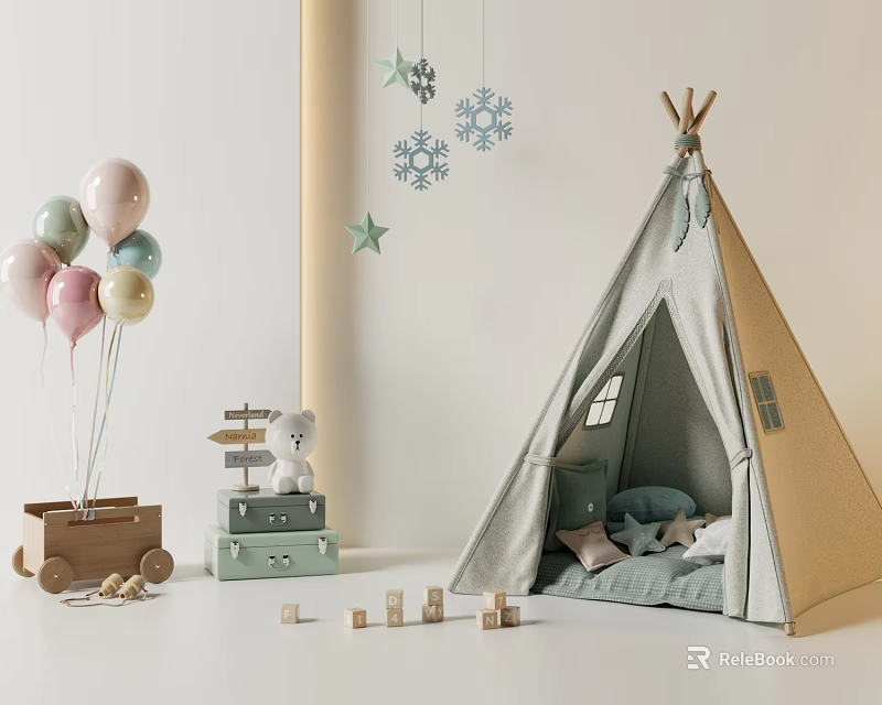 Cozy Tipi Tent With Pink Green Balloons Snowflake Decorations Wooden Chest Blocks Cushions Star Decor 3d model 
