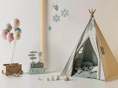 Cozy Tipi Tent With Pink Green Balloons Snowflake Decorations Wooden Chest Blocks Cushions Star Decor 3d model