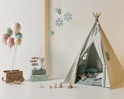 Cozy Tipi Tent With Pink Green Balloons Snowflake Decorations Wooden Chest Blocks Cushions Star Decor 3d model