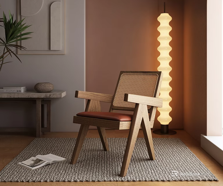 Modern Leisure Chair Design With Wooden Frame Cane Backrest Leather Seat Floor Lamp And Rug 3d model 
