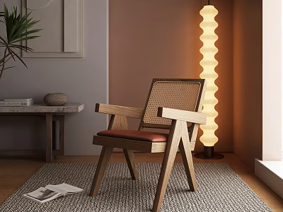 Modern Leisure Chair Design With Wooden Frame Cane Backrest Leather Seat Floor Lamp And Rug 3d model