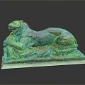 Reclining Lion Bronze Statue With Green Patina And Leaf Decorated Base