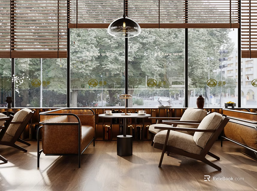 Modern Cafe Interior With Wooden Blinds Large Windows And Comfortable Seating 3d model 