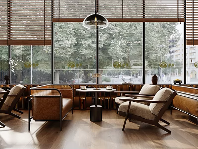 Modern Cafe Interior With Wooden Blinds Large Windows And Comfortable Seating 3d model