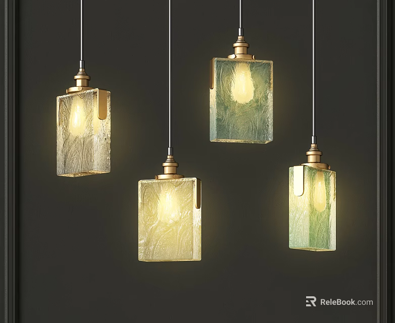 Stylish Pendant Lights With Textured Glass Shades In Beige And Green Lit Against Dark Wall 3d model 