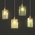 Stylish Pendant Lights With Textured Glass Shades In Beige And Green Lit Against Dark Wall