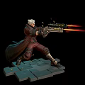 White Haired Game Film Character In Red Coat Holding Gun Firing Flame In Battle Stance