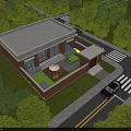 Detached Villa with Red Brick Exterior White Roof Green Lawn Trees Courtyard Outdoor Furniture
