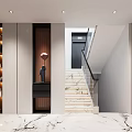 Modern Entrance Hall Design With Marble Floor Staircase Storage Cabinets And Lighting Fixture