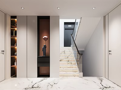 Modern Entrance Hall Design With Marble Floor Staircase Storage Cabinets And Lighting Fixture 3d model