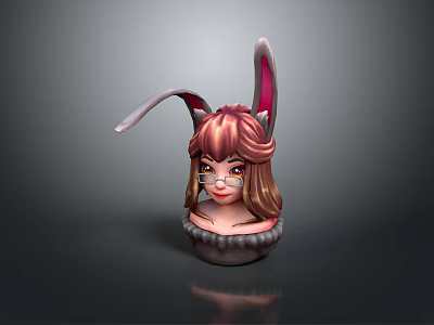 3D Female Character Head Sculpture With Bunny Ears Pink Hair And Glasses 3d model