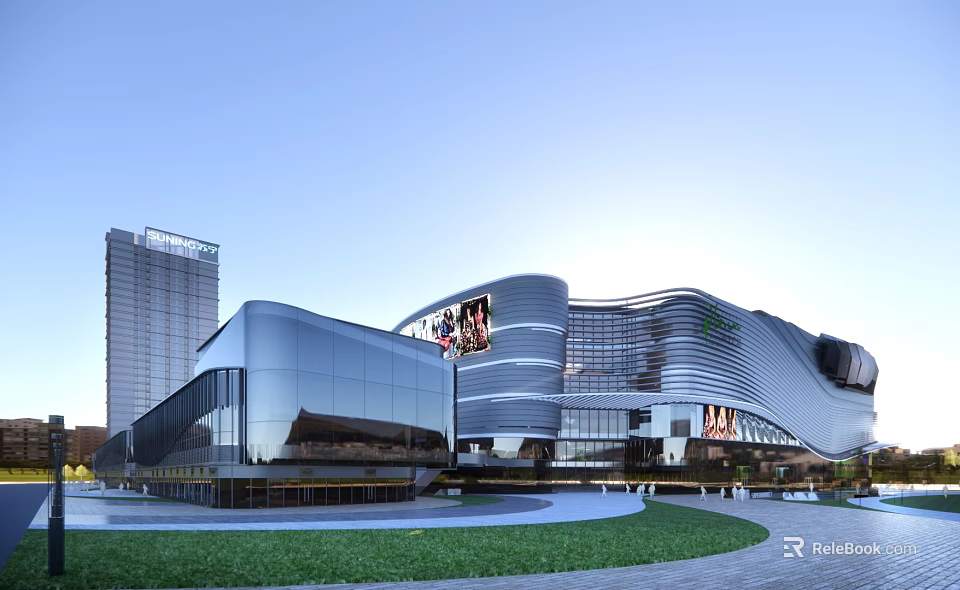 Modern Commercial Complex Architectural Design With Glass Facade And Urban Plaza 3d model 