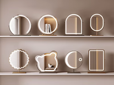 Modern Minimalist Mirrors With LED Lights In Different Shapes On White Shelves 3d model