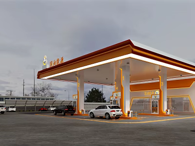 Modern Orange And White Gas Station Canopy With Fuel Pumps And White Car 3d model