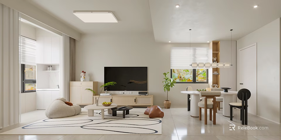 Modern Living Dining Room Interior With Sofa Coffee Table TV Unit Dining Table And Plants 3d model